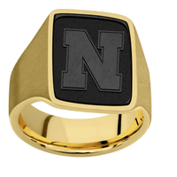 Large Rectangle signet ring (20x14.5mm) in 14K Yellow Gold, with a Wide style band, a Zirconium inlay and a Nebraska Block N Rev engraving.