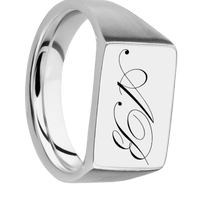 Medium Horizontal Rectangle signet ring (16x11.5mm) in Platinum, with a Wide style band and a Kunstler Script 2 engraving.