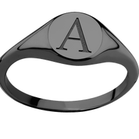 Small Circle signet ring (10mm) in Zirconium, with a Thin style band and a Book Antiqua 1 engraving.