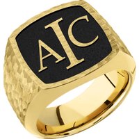 Large Cushion signet ring (18x18mm) in 10K Yellow Gold, with a Wide style band and a Book Antiqua 3 Rev engraving.