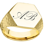 Large Hexagon signet ring (18.5x16mm) in 18K Yellow Gold, with a Wide style band and a Kunstler Script 2 engraving.