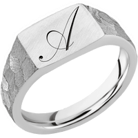 Small Horizontal Rectangle signet ring (12x9mm) in Palladium Silver, with a Wide style band and a Kunstler Script 1 engraving.