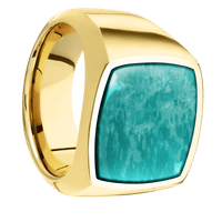 Large Cushion signet ring (18x18mm) in 10K Yellow Gold, with a Wide style band, an Amazonite inlay.