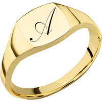Small Cushion signet ring (10x10mm) in 14K Yellow Gold, with a Thin style band and a Kunstler Script 1 engraving.