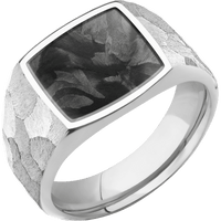 Medium Cushion signet ring (14x14mm) in 14K White Gold, with a Wide style band, a Forged Carbon Fiber inlay.