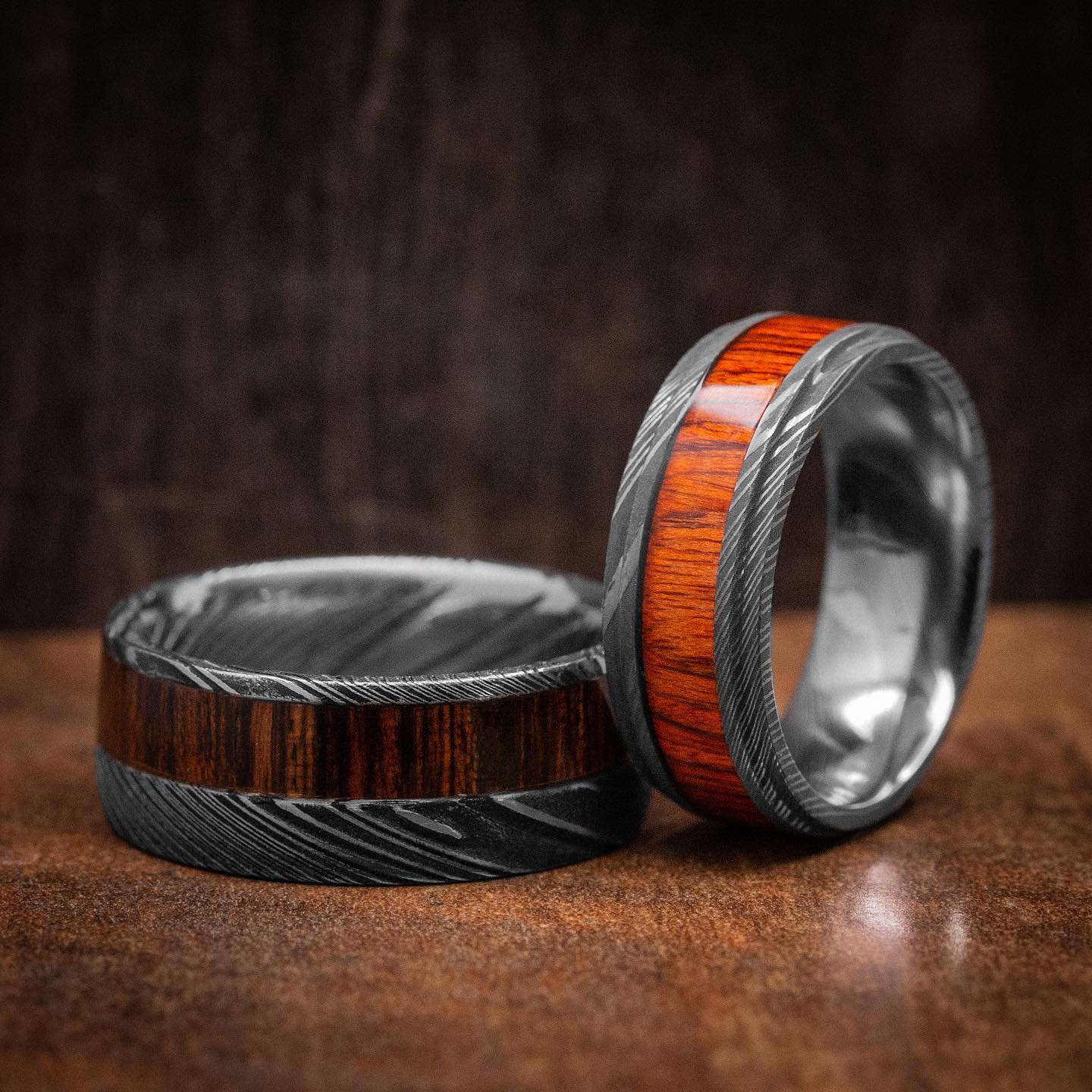 Damascus Steel Rings with Wood Inlays
