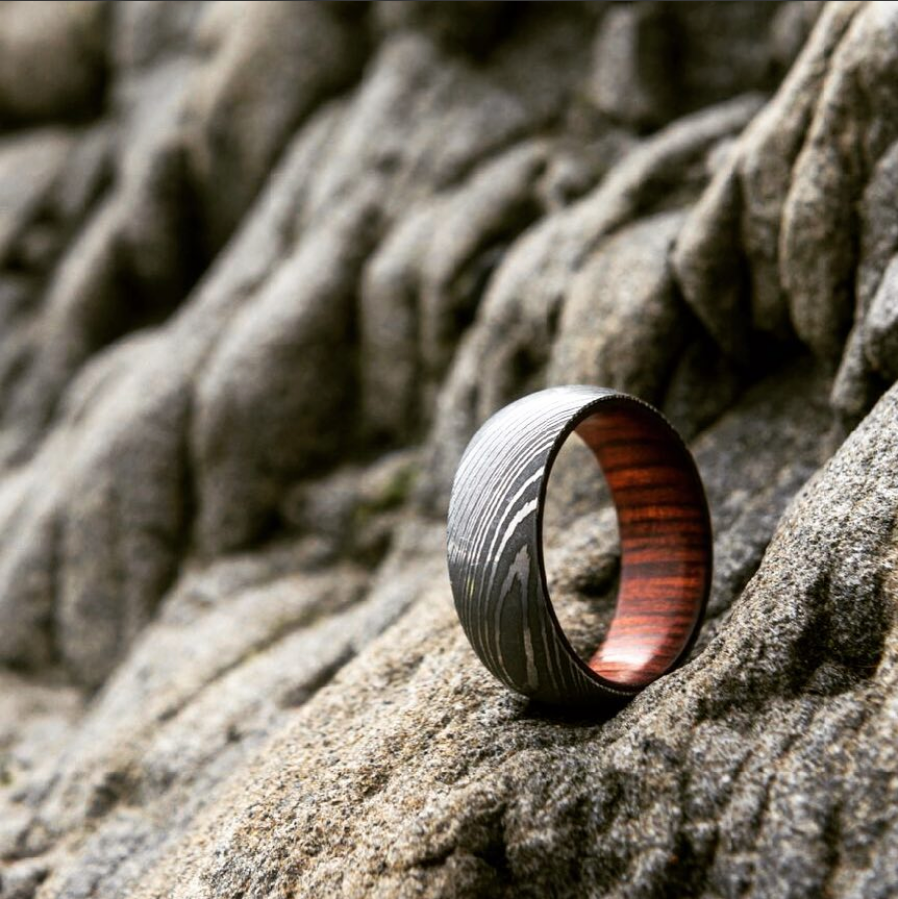 Damascus Steel Men's Ring with Wood Sleeve