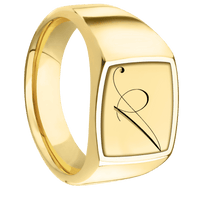 Medium Cushion signet ring (14x14mm) in 10K Yellow Gold, with a Wide style band, a 14K Yellow Gold inlay and a Kunstler Script 1 engraving.