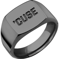 Medium Cushion signet ring (14x14mm) in Zirconium, with a Wide style band and a Syracuse Cuse Wordmark engraving.