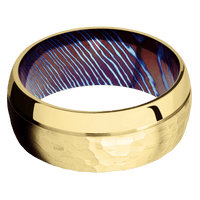 14K Yellow Gold + Hammer , Polish Finish + Titanium Damascus