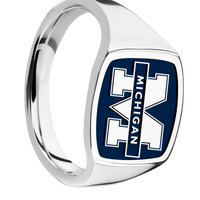 Medium Cushion signet ring (14x14mm) in Cobalt Chrome, with a Thin style band and a Michigan Michigan M Banner Rev engraving.