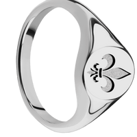 Small Oval signet ring (12x9mm) in Titanium, with a Thin style band and a Fleur De Lis engraving.