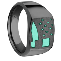 Medium Cushion signet ring (14x14mm) in Zirconium, with a Wide style band and an American Flag engraving.