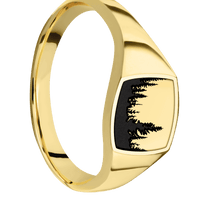 Small Cushion signet ring (10x10mm) in 18K Yellow Gold, with a Thin style band, a 14K Yellow Gold inlay and a Trees engraving.