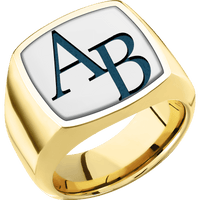 Large Cushion signet ring (18x18mm) in 14K Yellow Gold, with a Wide style band, a 14K White Gold inlay and a Book Antiqua 2 engraving.