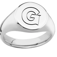 Medium Circle signet ring (14mm) in 14K White Gold, with a Wide style band and a Georgetown Block G engraving.