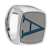 Extra Large Cushion signet ring (22x22mm) in Palladium Silver, with a Wide style band, a Tantalum Noir inlay and a Book Antiqua 1 engraving.