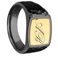 Medium Cushion signet ring (14x14mm) in Zirconium, with a Wide style band, a 18K Yellow Gold inlay and a Kunstler Script 2 engraving.