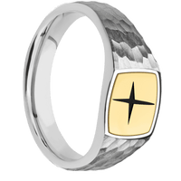 Small Cushion signet ring (10x10mm) in Platinum, with a Wide style band, a 18K Yellow Gold inlay and a STAR1 engraving.
