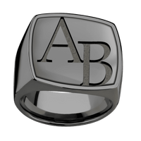 Extra Large Cushion signet ring (22x22mm) in Zirconium, with a Wide style band, a Zirconium inlay and a Book Antiqua 2 engraving.