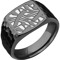 Medium Cushion signet ring (14x14mm) in Zirconium, with a Wide style band and an Escher 1 engraving.