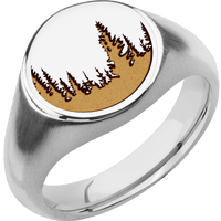 Medium Circle signet ring (14mm) in Palladium Silver, with a Wide style band and a Trees engraving.