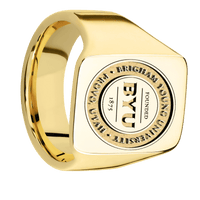 Large Rectangle signet ring (20x14.5mm) in 18K Yellow Gold, with a Wide style band and a Brigham Young Univeristy Seal engraving.