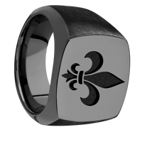 Large Cushion signet ring (18x18mm) in Zirconium, with a Wide style band and a Fleur De Lis engraving.