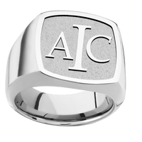 Large Cushion signet ring (18x18mm) in Cobalt Chrome, with a Wide style band and a Book Antiqua 3 Rev engraving.
