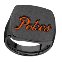 Extra Large Cushion signet ring (22x22mm) in Zirconium, with a Thin style band and an Oklahoma State Script Filled-in Pokes engraving.