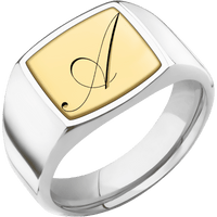 Medium Cushion signet ring (14x14mm) in Palladium Silver, with a Wide style band, a 14K Yellow Gold inlay and a Kunstler Script 1 engraving.