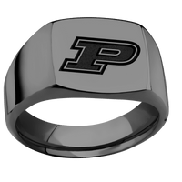 Medium Cushion signet ring (14x14mm) in Zirconium, with a Wide style band and a Purdue Motion P engraving.