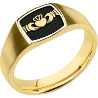Small Cushion signet ring (10x10mm) in 10K Yellow Gold, with a Wide style band, a 14K Yellow Gold inlay and a Claddagh 4 engraving.