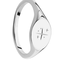 Small Horizontal Oval signet ring (12x9mm) in 14K White Gold, with a Thin style band and a TWINKLE2 engraving.