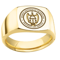 Medium Cushion signet ring (14x14mm) in 10K Yellow Gold, with a Wide style band and a Georgia Tech University Seal engraving.