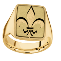 Large Rectangle signet ring (20x14.5mm) in 10K Yellow Gold, with a Thin style band, a 14K Yellow Gold inlay and a Fleur De Lis engraving.