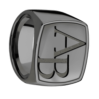 Extra Large Cushion signet ring (22x22mm) in Zirconium, with a Wide style band, a Zirconium inlay and a Book Antiqua 2 engraving.