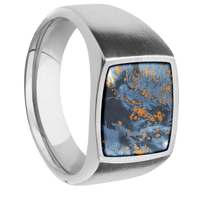 Medium Cushion signet ring (14x14mm) in 10K White Gold, with a Wide style band, a Pietersite inlay.