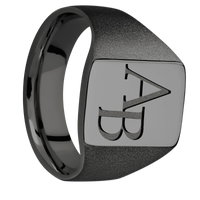 Medium Rectangle signet ring (16x11.5mm) in Zirconium, with a Wide style band and a Book Antiqua 2 engraving.