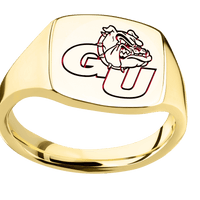 Medium Cushion signet ring (14x14mm) in 10K Yellow Gold, with a Thin style band and a Gonzaga GU Bulldog engraving.