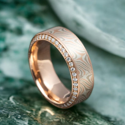 14K Rose Gold Men's Ring with Mokume Gane Inlay and Eternity Diamonds