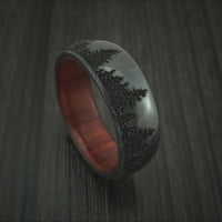Black Titanium or Black Zirconium Custom Men's Ring with Pine Tree Design & Hardwood Sleeve