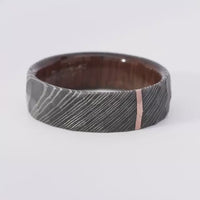 Damascus Steel Men's Ring with Rock Hammer Finish and Vertical 14k Rose Gold Inlay and Wood Sleeve Custom Made Band
