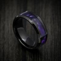 Black Tungsten Men's Ring with Purple Cypraea Tigris Inlay