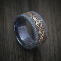 Kuro-Ti Heat-Treated Titanium Damascus and Gold Celtic Dragon Custom Men's Ring
