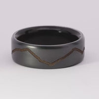 Black Titanium or Black Zirconium Custom Men's Ring with a Milled Mountain Design and Interior Hardwood Sleeve