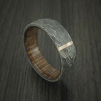 Damascus Steel Men's Ring with Rock Hammer Finish and Vertical 14k Rose Gold Inlay and Wood Sleeve Custom Made Band