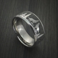 Titanium Men's Ring with Wolf and Mountain Pattern Hunter Band Custom Made