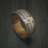 Damascus Steel Celtic Men's Ring With 14K Rose Gold and Hardwood Sleeve Custom Made