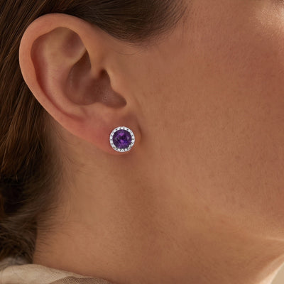 14K White Gold 6 mm Natural Amethyst & 1/8 CTW Natural Diamond Earrings worn by a model